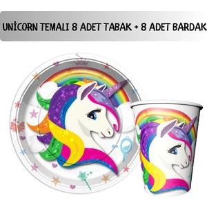 Unicorn Temalı Parti Seti 8 Kişilik Kağıt Tabak ve Bardak Çocuk Doğum Günü Süsleri