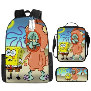 Sünger Bob Kare Pantolon Çocuk Okul Çantası Erkek ve Kadın Öğrenciler Omuz Çantası Anaokulu Sevimli Karikatür Kalem Çantası Crossbody Çanta Üç Set (Yurt Dışından)