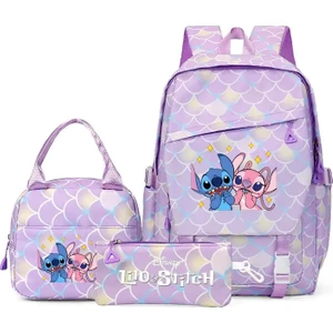 Lilo Stitch 3pcs/set Sırt Çantası Kapasitesi Öğrenciler Sırt Çantası Kawaıı Naylon Çift Omuz Çantası Moda Seyahat Koleji Mochilas Renk: Mor (Yurt Dışından)