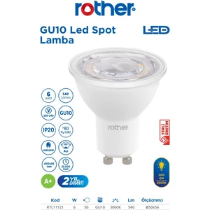 ''RTL11121 Rother GU10 LED Spot Ampul 6W 540 Lümen 3000K Sarı Işık - Enerji Tasarruflu Ampul