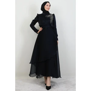 Taşlı Organze Abiye Koyu Lacivert