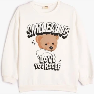 Ayıcık Baskılı Sweatshirt Uzun Kollu Bisiklet Yaka Şardonlu