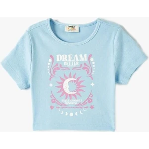 Crop Tişört Baskılı Ribanalı Kısa Kollu Bisiklet Yaka