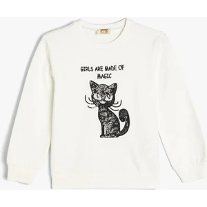 Sweatshirt Kedi Baskılı Bisiklet Yaka Uzun Kollu Pamuklu