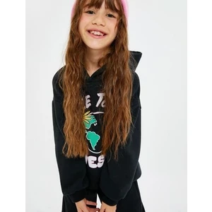 Kapşonlu Sweatshirt Uzun Kollu Baskı Detaylı Şardonlu