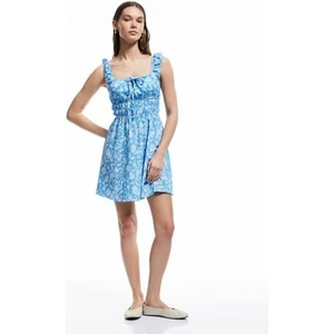 Kare Yaka Kalın Askılı Sırt Detaylı Önü Bağcıklı Çiçekli Mini Elbise