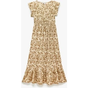 V Yaka Kelebek Kollu Desenli Katlı Uzun Elbise