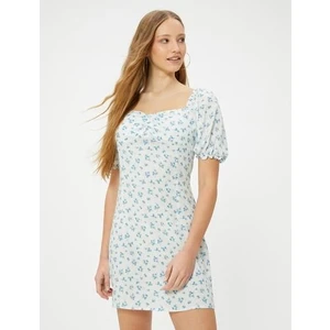 Mini Balon Kol Çiçekli Elbise Viskoz Kumaş