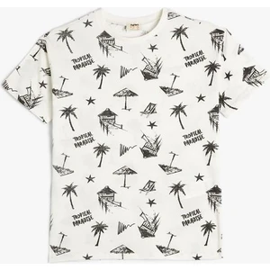 Tişört Tropik Baskılı Kısa Kollu Bisiklet Yaka Pamuklu