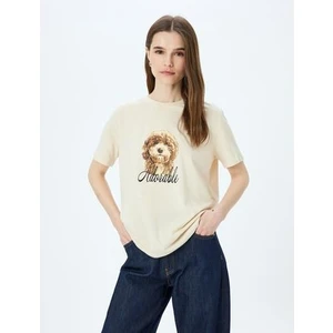 Köpek Baskılı Kısa Kollu Bisiklet Yaka T-Shirt