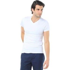 Erkek V Yaka Streç Beyaz Basic Tişört 061748-620