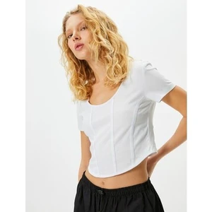 Crop Tişört Korse Görünümlü Dar Kalıp Kısa Kollu U Yaka Pamuklu