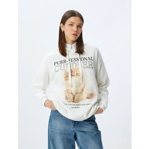Kedi Baskılı Kapüşonlu Rahat Kalıp Şardonlu Sweatshirt