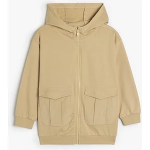 Oversize Kapşonlu Fermuarlı Sweatshirt Cepli Uzun Kollu Pamuklu Şardonlu