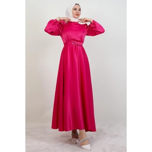 Saten Kemerli Elbise Pembe