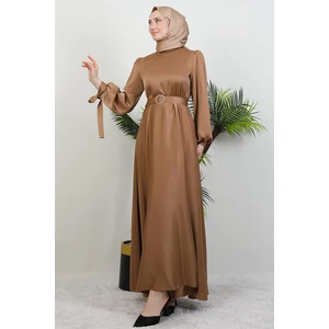 Saten Kemerli Elbise Sütlükahve