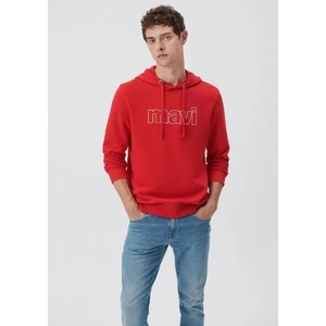 Erkek Mavi Logo Baskılı Kapüşonlu Kırmızı Sweatshirt 065606-82054