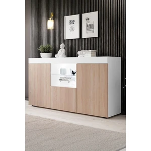 Ecm Konsol LED Aydınlatmalı Şık Büfe Cam Raflı Modern ve Zarif Konsol Beyaz Sonoma Elegant