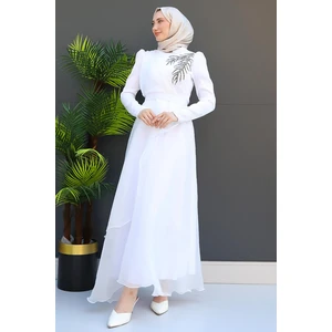 Taşlı Organze Abiye Beyaz