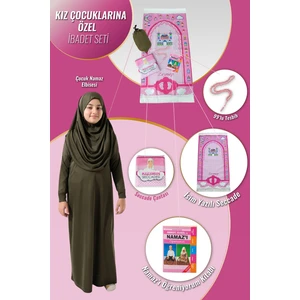 Çantalı Kız Çocuk Namaz Elbisesi, Isimli Seccade, Tesbih ve Namaz Öğreniyorum Kitabı Seti - Haki