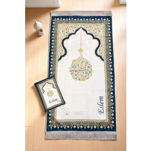 Nakış Işlemeli Isimli Kadife Ipek Dokulu Mihrap Desenli Keseli Inci Tesbihli Seccade Sarı