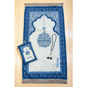 Nakış Işlemeli Isimli Kadife Ipek Dokulu Mihrap Desenli Keseli Inci Tesbihli Seccade Mavi