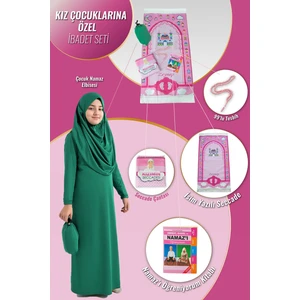 Çantalı Kız Çocuk Namaz Elbisesi, Isimli Seccade, Tesbih ve Namaz Öğreniyorum Kitabı Seti - Yeşil
