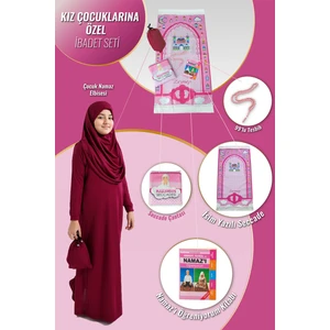Çantalı Kız Çocuk Namaz Elbisesi, Isimli Seccade, Tesbih ve Namaz Öğreniyorum Kitabı Seti - Fuşya