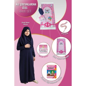 Çantalı Kız Çocuk Namaz Elbisesi, Isimli Seccade, Tesbih ve Namaz Öğreniyorum Kitabı Seti - Lacivert