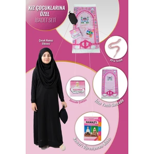 Çantalı Kız Çocuk Namaz Elbisesi, Isimli Seccade, Tesbih ve Namaz Öğreniyorum Kitabı Seti - Siyah