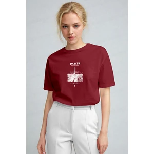 Kadın Bordo Paris Regular Fit Normal Kalıp T-Shirt