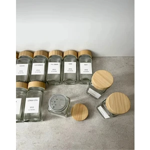 12 Parça Bambu Kapaklı Kare Formlu Cam Baharatlık Seti