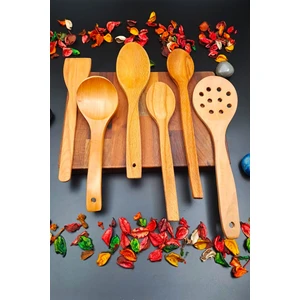 Swencraft Doğal Ahşap Mutfak Servis Kepçe Kevgir Kaşık Spatula 6 'lı Set El Işçiliği Annelere Özel