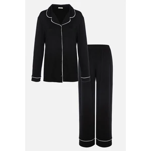 Kadın Viskon - Yumuşak Dokulu Düğmeli Biyeli Bol Paça Pijama Takımı