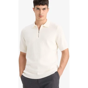 %100 Pamuk Standart Fit Polo Yaka Yarım Fermuarlı Kısa Kollu Triko Tişört E5862AX25SM