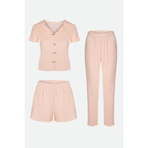 Kadın Pamuklu 3'lü Pembe Fiyonklu Kaşkorse Pijama Takımı