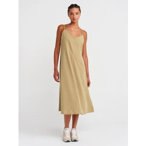 90562 Ince Askılı Parçaboya Denim Elbise-Çağla