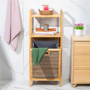 2063 Ahşap Bambu Kirli Sepetli 2 Raflı Çok Amaçlı Banyo Düzenleyici Organizer Banyo Dolabı Kirli Çamaşır Sepeti Organizeri