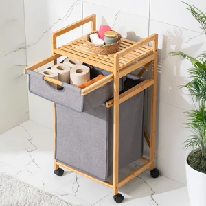2064 Tekerlekli Ahşap Bambu Kirli Sepetli 2 Raflı Çok Amaçlı Banyo Düzenleyici Organizer Banyo Dolabı Kirli Çamaşır Sepeti Organizeri