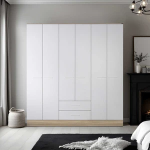 Base 6 Kapılı 2 Çekmeceli Gardırop-Italyan Meşe / Beyaz