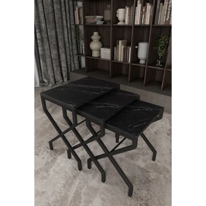 Lotus 3'lü Zigon Sehpa Orta Sehpa Dekoratif 3 Boy Ofis Sehpası Salon Sehpası Çok Fonksiyonlu SİYAH MERMER