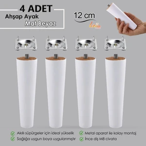 4 Adet Ahşap Ayak 12 cm Beyaz M8 Civatalı Bağlantı Aparatlı Dolap Mobilya Koltuk Kanepe Destek Ayağı Ayakları