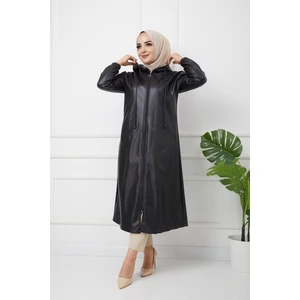 Hafsa Mina Kapüşonlu Deri Kap Siyah