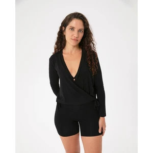Ayma Active Kadın Siyah İpli Kruvaze Bluz - EcoVero™ Viskoz, Çok Yönlü Bağcıklı, Uzun Kollu, Dönüştürülebilir Wrap Top