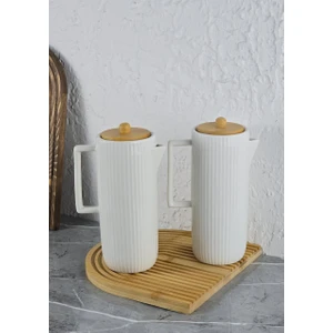 Mitra Porselen Yağlık Seti - Bambu Stantlı Yağdanlık Takımı - 2X600 ml