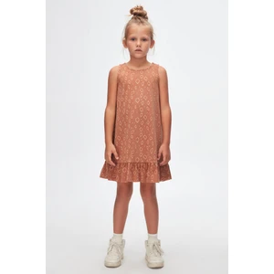 Kahverengi Damla Desen Kız Çocuk Fırfırlı Çan Etekli Elbise