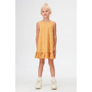 Hardal Damla Desen Kız Çocuk Fırfırlı Çan Etekli Elbise