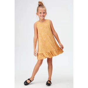 Hardal Çiçek Desen Kız Çocuk Fırfırlı Çan Etekli Elbise