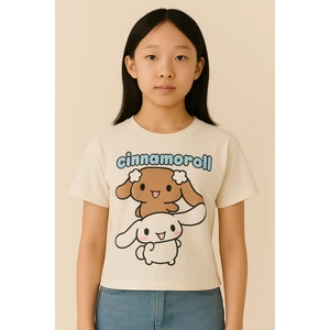 Kız Çocuk Cinnamoroll Baskılı Tişört – Krem Renk Pamuklu Crop Model