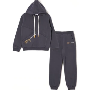 Kapüşonlu Uzun Kol Yazı Baskılı Antrasit Renk Erkek Çocuk Eşofman Takım